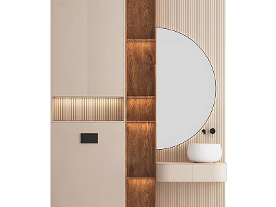 Modern Bathroom Vanity With Round Mirror Wooden Shelves Striped Paneling And Soft Lighting 3d model