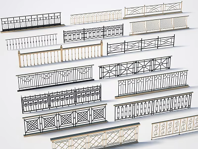 Various Decorative Fence Designs With Metal And Wooden Railings For Outdoor Areas 3d model