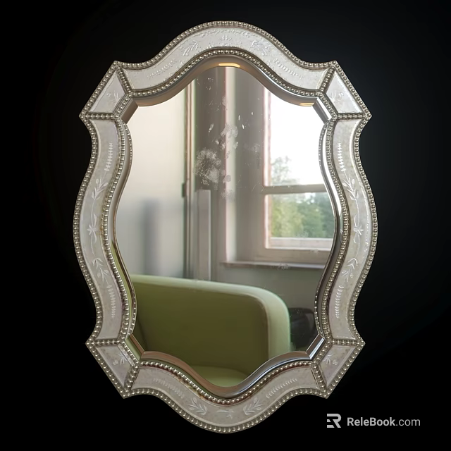 Ornate Silver Framed Mirror Reflecting Green Sofa And Window Tree View 3d model
