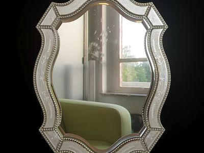 Ornate Silver Framed Mirror Reflecting Green Sofa And Window Tree View 3d model