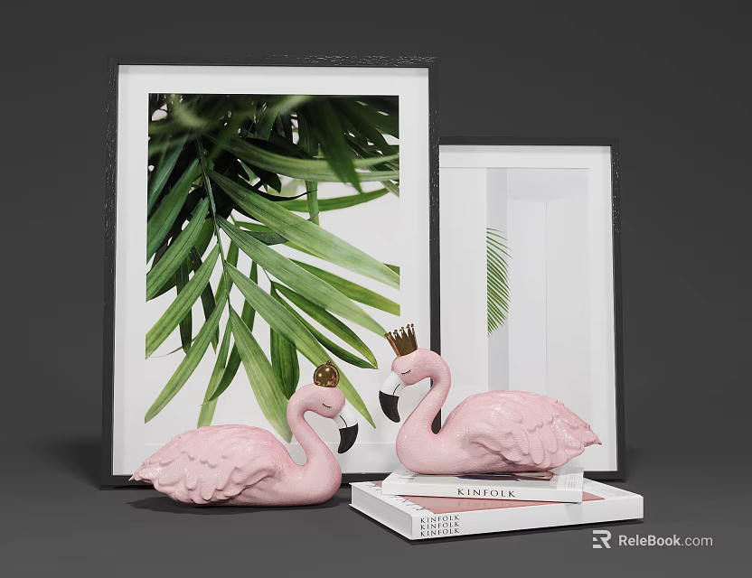 Decorative Ornament Set With Pink Flamingos Crowns Picture Frames Green Leaves And Books 3d model 