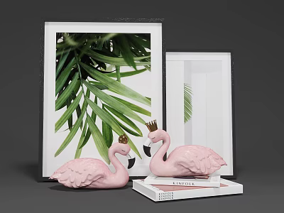Decorative Ornament Set With Pink Flamingos Crowns Picture Frames Green Leaves And Books 3d model