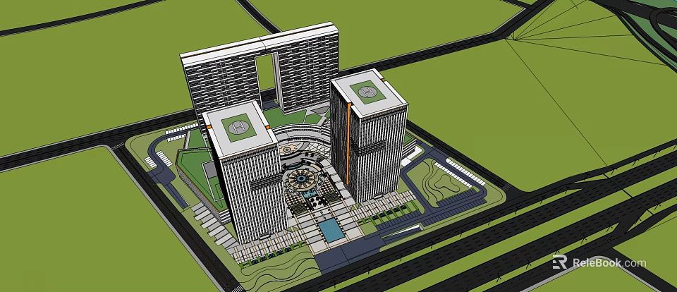 Modern High Rise Office Building With Central Plaza And Landscaped Green Area 3d model 