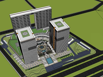 Modern High Rise Office Building With Central Plaza And Landscaped Green Area 3d model