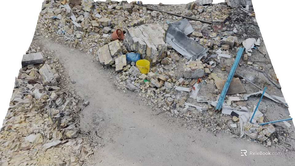Pile of Construction Debris With Rubble Bricks Metal Sheets Yellow Blue Buckets And Dirt Path 3d model 
