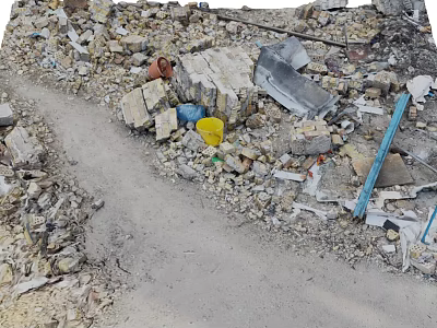 Pile of Construction Debris With Rubble Bricks Metal Sheets Yellow Blue Buckets And Dirt Path 3d model