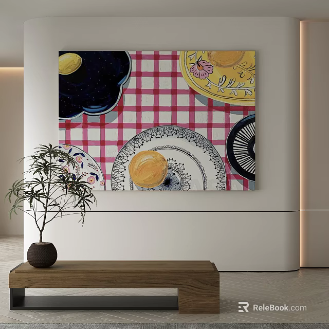 Abstract Painting Featuring Red White Checkered Design And Plate Inspired Yellow Blue Elements 3d model