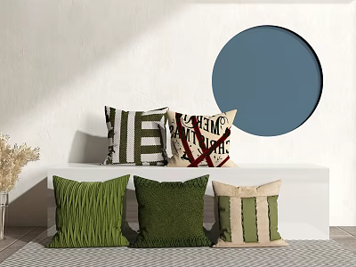 Modern Green Beige Striped Textured Throw Pillows On White Bench With Blue Decor 3d model