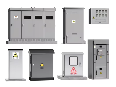 Industrial Electrical Enclosures With Warning Signs Various Designs And Control Panels 3d model