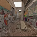 Abandoned Passageway Featuring Graffiti Covered Walls Debris Wooden Planks And Concrete Skylights