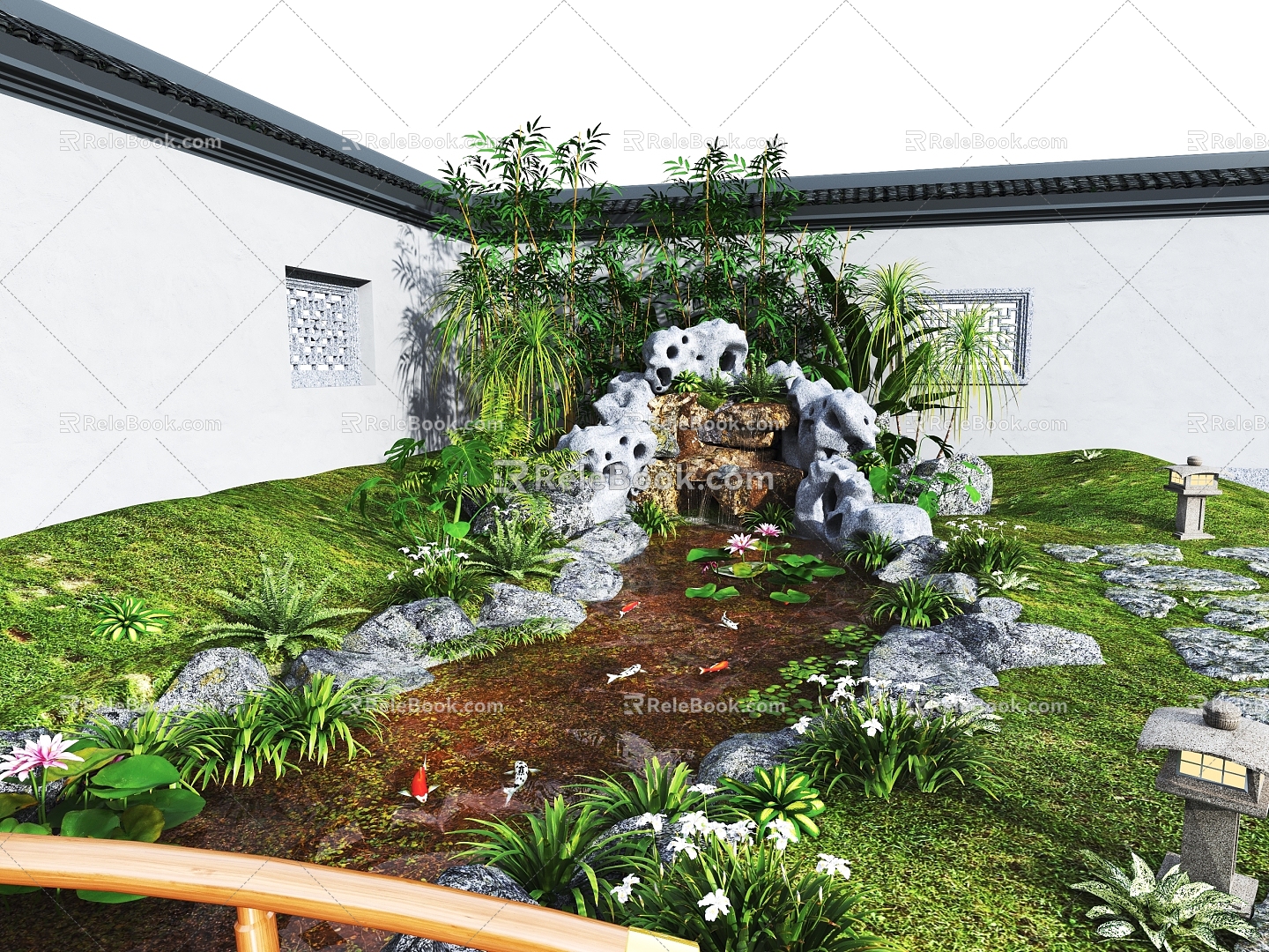 Chinese Courtyard Waterscape Pond Falling Waterfall Lotus Pond Ecological Fish Pond su model