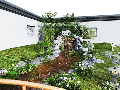 Chinese Courtyard Waterscape Pond Falling Waterfall Lotus Pond Ecological Fish Pond su 3d model