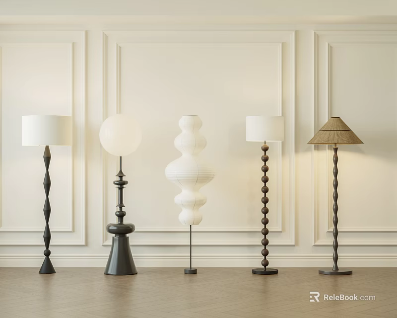 Various Design Floor Lamps With White Shades Spiral Bases And Decorative Paneled Walls 3d model 