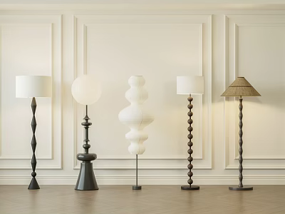 Various Design Floor Lamps With White Shades Spiral Bases And Decorative Paneled Walls 3d model
