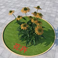 Beautiful Yellow Flowers Growing On Circular Grass Lawn With Stone Tile Ground