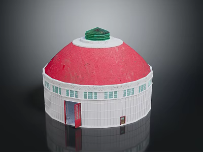Scenic View Of Dome Building With Red Roof Green Top White Walls And Arched Windows 3d model