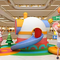 Indoor Children's Playground In Mall With Colorful Slide Kids Playing And Decorative Trees