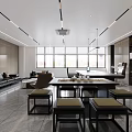 Modern Office Open Space With Large Conference Table Laptop Wooden Wall Green Plant Hanging Lights