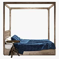 Wooden Four Poster Bed with Blue Bedding Side Table and Table Lamp 3d model