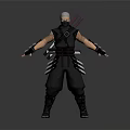 3D Rendered Ninja Character With White Hair Black Outfit And Swords On Back Standing Pose
