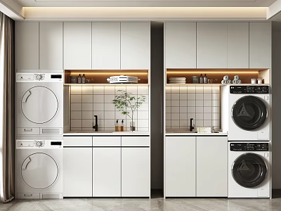 Home Balcony With White Cabinets Washing Machine Dryer Tiled Wall Small Sink And Green Plant 3d model