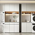 Home Balcony With White Cabinets Washing Machine Dryer Tiled Wall Small Sink And Green Plant