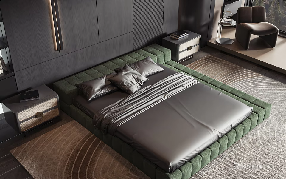 Modern Green Upholstered Double Bed Featuring Gray Bedding Pillows Dark Wooden Wall Nightstands and Rug 3d model 