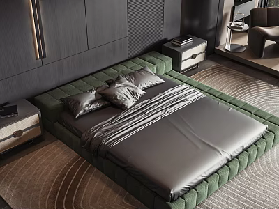 Modern Green Upholstered Double Bed Featuring Gray Bedding Pillows Dark Wooden Wall Nightstands and Rug 3d model