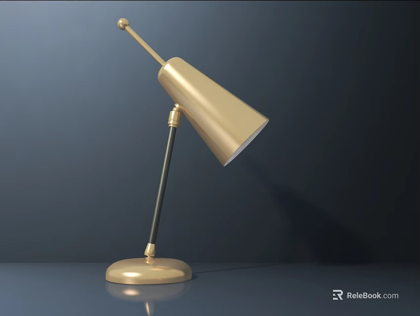 Modern Gold Table Lamp With Conical Shade Black Pole And Round Base 3d model 