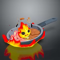 Everyday Frying Pan With Flames Cooking Tasty Meat Slices And Noodles