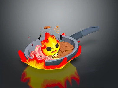 Everyday Frying Pan With Flames Cooking Tasty Meat Slices And Noodles 3d model