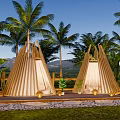 Scenic Tropical Outdoor Tents with Palm Trees Mountains Balloons and Chairs