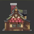 Adorable Cartoon Fairy Tale House Scene With Green Roof Chimney Wooden Windows And Red Decorations