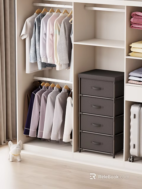 Organized Walk-in Closet With Hanging Shirts Coats Multiple Drawer Storage Boxes And Folded Clothes 3d model 