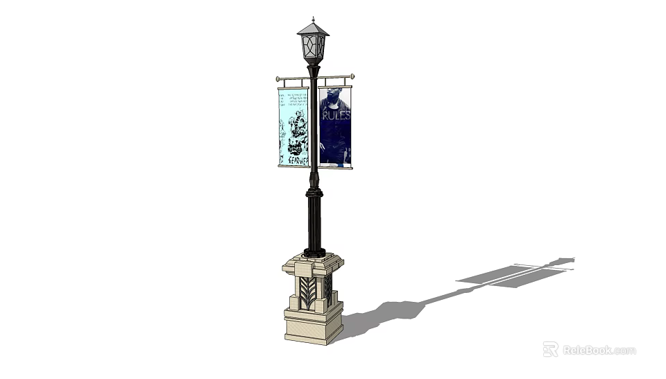 Black Pole Outdoor Street Light With Hanging Banners And Stone Base Design 3d model 