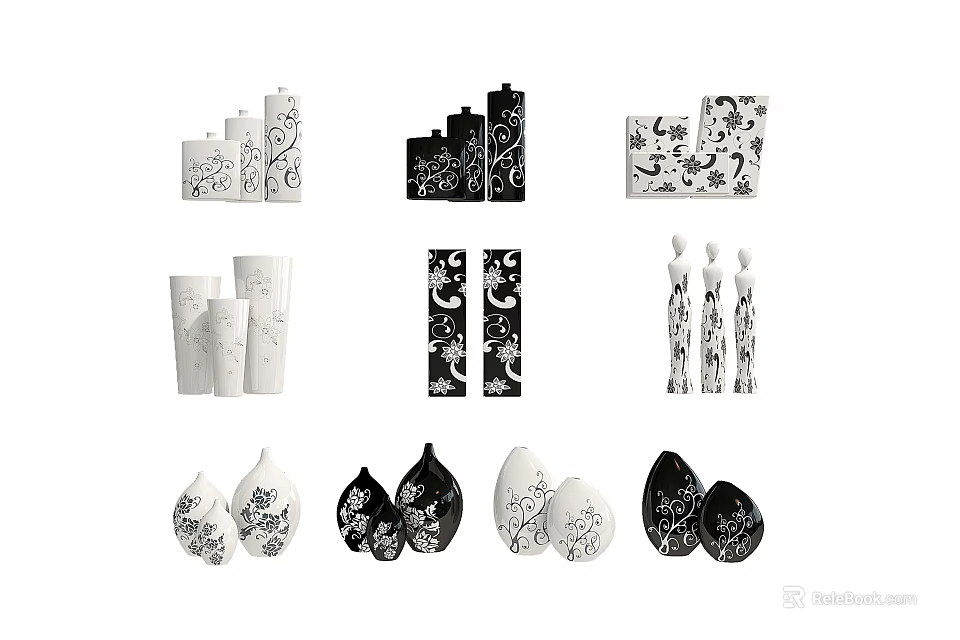 White And Black Vases With Floral Patterns In Various Shapes And Decorative Designs 3d model 