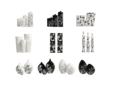 White And Black Vases With Floral Patterns In Various Shapes And Decorative Designs 3d model