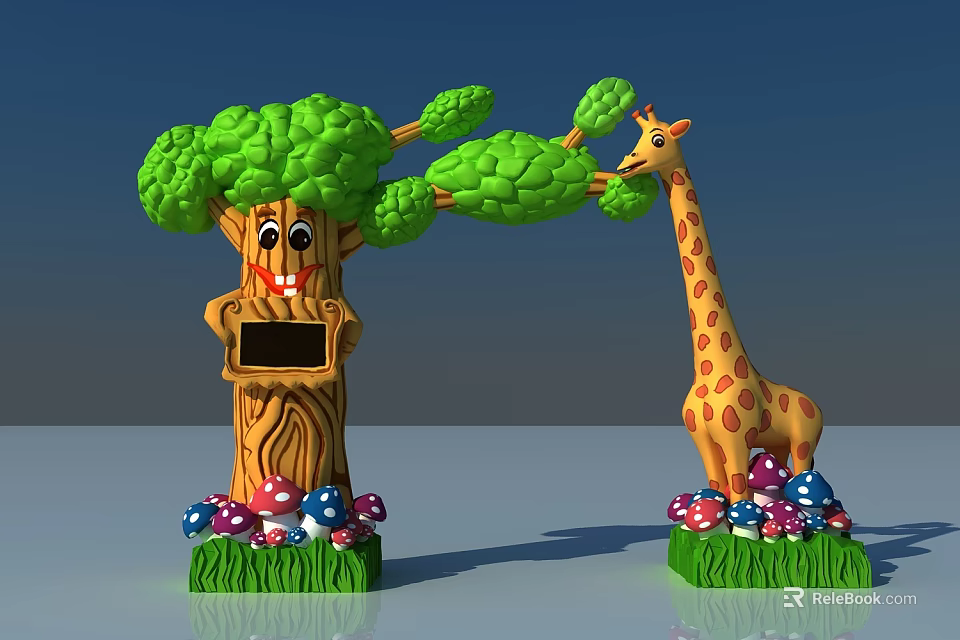 Cartoon Scene With Smiling Tree Blackboard Giraffe Colorful Mushrooms Grass And Blue Sky 3d model 