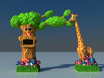 Cartoon Scene With Smiling Tree Blackboard Giraffe Colorful Mushrooms Grass And Blue Sky 3d model