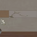 Botanical Plum Blossom Branch Painting On Beige Wall With Ceramic Vase And Lattice Panel