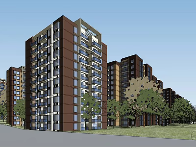 Modern Multi Story Residential Apartment Buildings With Trees And Exterior Windows Design 3d model