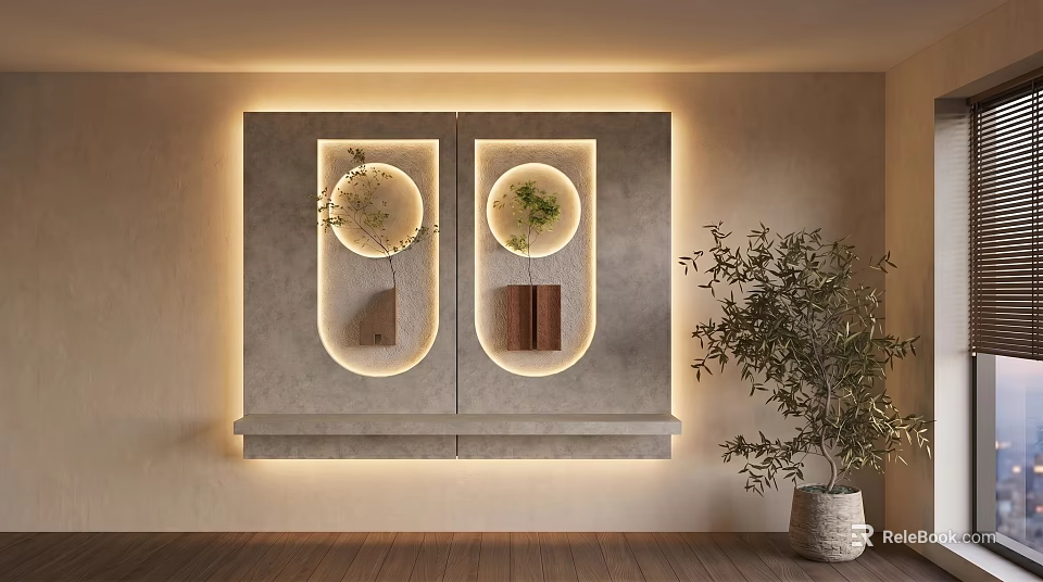 Elegant Modern Wall Design With Circular Niches Green Plants Bookshelves And Potted Plant 3d model 