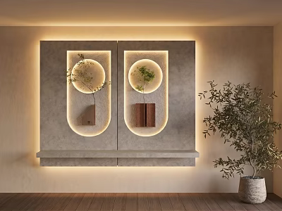 Elegant Modern Wall Design With Circular Niches Green Plants Bookshelves And Potted Plant 3d model