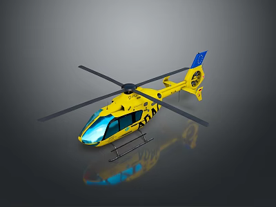 Bright Yellow Helicopter With Rotors Blue Tail Rotor And Landing Gear 3d model