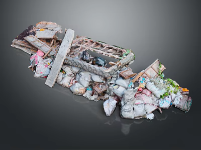 Garbage Pile With Wooden Planks Plastic Bags And Colored Waste Stacked On Dark Background 3d model