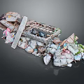 Garbage Pile With Wooden Planks Plastic Bags And Colored Waste Stacked On Dark Background