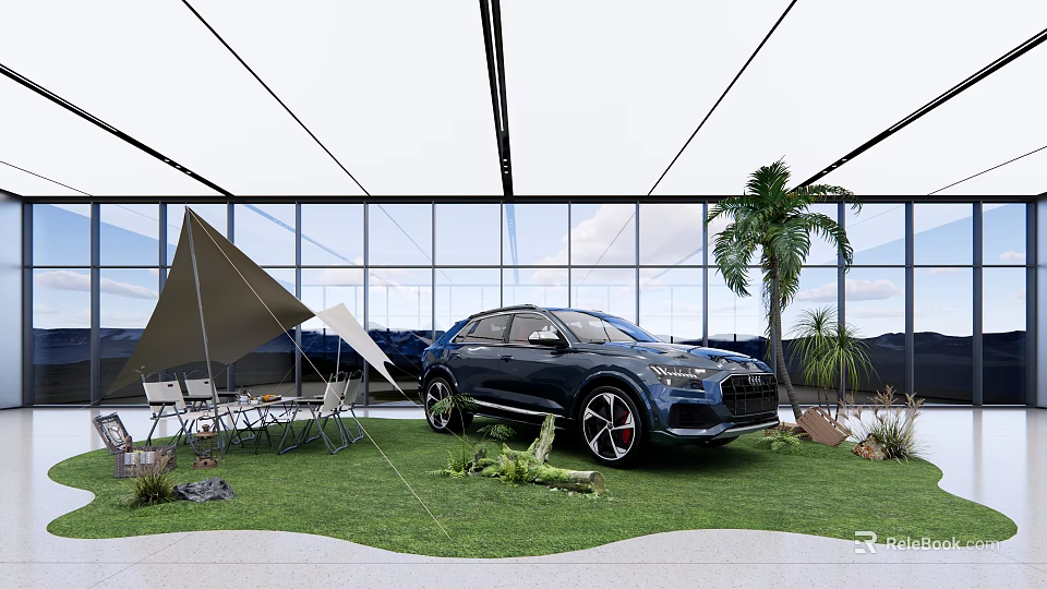 Contemporary Car Showroom Featuring Blue SUV Grass Area Tent Tables Chairs And Glass Walls 3d model 
