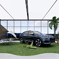Contemporary Car Showroom Featuring Blue SUV Grass Area Tent Tables Chairs And Glass Walls
