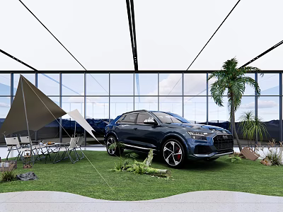 Contemporary Car Showroom Featuring Blue SUV Grass Area Tent Tables Chairs And Glass Walls 3d model