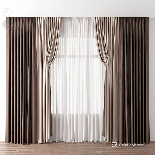 Elegant Modern Brown Curtains With White Sheer Layer For Window Decoration 3d model 